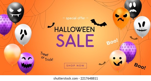3d vector cartoon sale poster for Happy Halloween discount promotion flyer design. Bats, balloons with scary face and text template for Invitation cards, promotion and advertisement