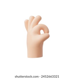 3D vector cartoon style hand showing OK gesture, ideal as an icon or design element, conveying positivity and agreement. Design element on isolated background.