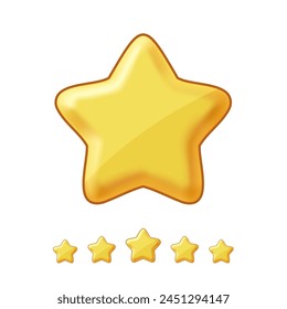 3d Vector cartoon style icon. Yellow rating star, five stars. Game element, review, achievement.