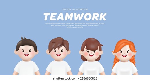 3d vector cartoon teamwork business people group. 3D character, 3D avatars of young men and women in white t-shirts.