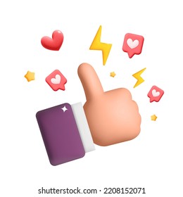 3d vector cartoon thumb up gesture with like social media symbol. Cartoon render man hand with heart shape, lightning icons. Social network, success, approved, recommended, good feedback, marketing