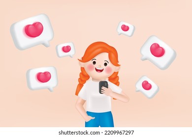 Caricatura vectorial 3d mujer usando teléfono móvil para comunicación y medios sociales. Diseño de caricaturas vectoriales 3d.