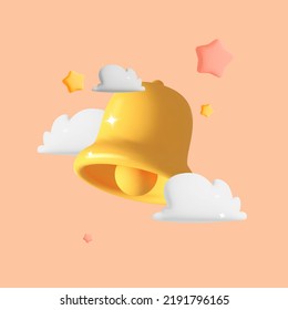 3d Vector Cartoon Yellow Bell Reminder With Clouds And Stars Symbol Design Illustration. Notification Bell Icon. Social Media, New Message, Alert Notice Concept.