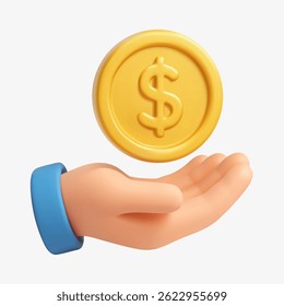 Mão estilo cartoon vetorial 3D apresentando ou recebendo uma moeda de ouro com símbolo de dólar, representando dinheiro, renda ou recompensa financeira.
