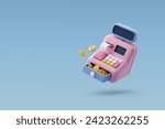 3d Vector Cash machine, Cash register with Gold coin, Financial services, Business and financial concept. Eps 10 Vector.