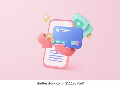 3D vector cashback money refund with credit card. money wallet on mobile payment, online payment and money saving concept on 3D wallet. 3d cashback credit card render for business payment transfer