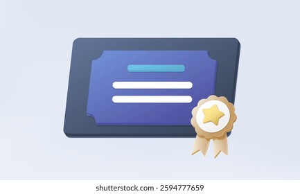 3D vector certificate icon on pastel background. Clipboard paper Achievement diploma grant competition guarantee quality courses exam education training license warranty knowledge. illustration