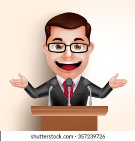 3D Vector Character Happy Politician Man or Speaker in Conference Speech. Vector Illustration
