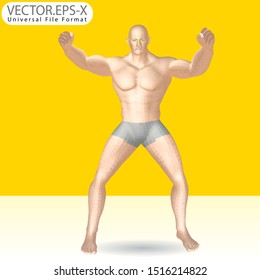 3d Vector character realistic of stylish bodybuilder Front Double Biceps pose. stylish bodybuilder presentation mockup. Gestures character vector design.