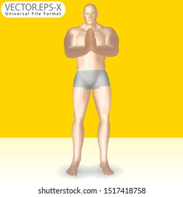 3d Vector character realistic of stylish bodybuilder holding hands in apologize gesture. stylish bodybuilder presentation mockup. Gestures character vector design.