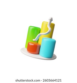 3d vector chart with colorful, cylindrical graph and white arrow going up. Financial analysis and business growth. Report, income statistics. Cartoon style. Isolated background.