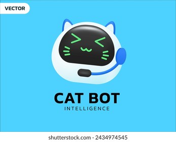 3D Vector Chat Bot Tecnología de Inteligencia Artificial con gato robot feliz cara sonriente concepto de diseño de vector de logotipo. Cat Robot Virtual Assistance símbolo de icono 3d para la tecnología de IA, soporte, ui.