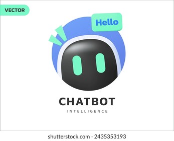 3D Vector Chat Bot Artificial Intelligence Technology with robotic happy friendly face logo vector design concept. Robot Virtual Assistance 3d icon symbol for AI Technology, online support, web, ui.