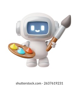 3D vector chatbot holding paint palette with brush. Online education and creativity. Happy character. Modern technology, virtual assistant. Isolated background. Rendering.