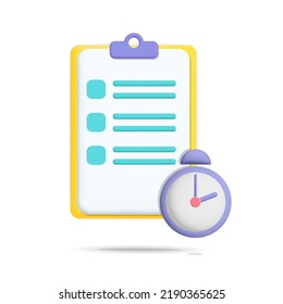 3d vector check list clipboard with alarm clock icon design illustration. Fast accomplished task, time work for report, done exam, ready document, dot do list, urgent order, fast solution.