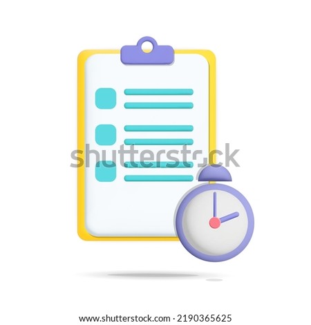 3d vector check list clipboard with alarm clock icon design illustration. Fast accomplished task, time work for report, done exam, ready document, dot do list, urgent order, fast solution.