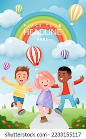 3D vector with children running in the park, hot air balloons and a rainbow in the blue sky background for kid banner, birthday greeting card, children's day, social media, wallpaper, website