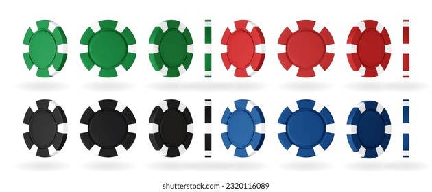 3 d chips vectoriales para póquer y casino. Un juego de monedas en un fondo blanco aislado listo para la animación. Representación realista de una ilustración vectorial. Juego de iconos para el club del casino.