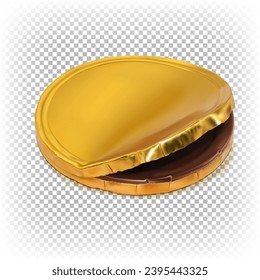 3d vector chocolate round coin in gold foil isolated on white background.