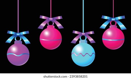 3D Vector Christmas decorative hanging baubles Christmas and New year 2024 design elements Realistic hanging neon balls decorative hanging tree balls tied with ribbon bows isolated on black backgroun