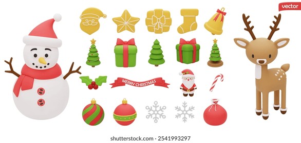 3D vector Christmas elements for design. Set include Santa Claus, deer, snowman, decorated Christmas tree, gift box, gingerbread cookies. 3D plastic cartoon style. Isolated on a white background