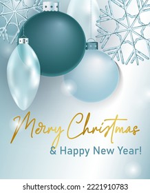 3d vector Christmas illustration with balls, snowflakes, lettering and gradients. Modern holiday background in light blue and white colors is perfect for greeting cards, gift decoration, prints	