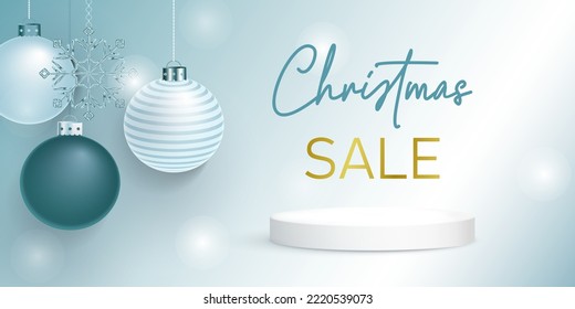 3d vector Christmas sale composition with podium, balls, snowflakes and gradients. Modern backdrop in light blue and white colors is perfect for product advertising, winter sales, flyers and posters