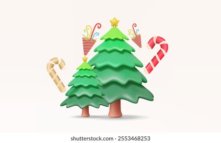 3d vector Christmas tree with candy cane popper surprise Happy New year festive decor present Xmas on pastel background. greeting decoration element winter holiday december seasons illustration