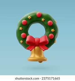 3d Vector Christmas wreath, bell and ribbon, Merry Christmas and Happy new year concept. Eps 10 Vector.