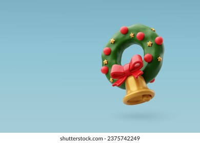 3d Vector Christmas wreath, bell and ribbon, Merry Christmas and Happy new year concept. Eps 10 Vector.