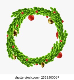 3d vector christmas wreath isolated on white background. Holiday bright decoration element with toys. Modern cartoon illustration.