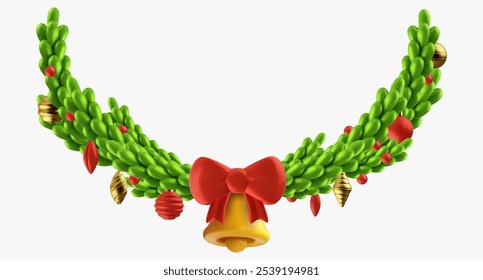 3d vector christmas wreath isolated on white background. New year bright decoration element with toys and golden bell. Modern cartoon illustration.