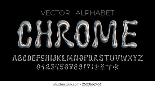 3D vector chrome alphabet. Metal silver letter and number set