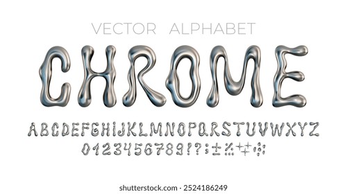 3D vector chrome alphabet. Metal silver letter and number set