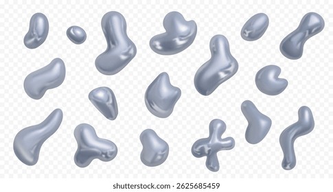 3d vector chrome holographic blobs and shapes. Y2K style. Set of silver, metallic fluid shapes isolated on transparent background