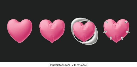 3D vector chrome pink hearts in y2k style. Shapes with liquid silver or metal effect. Bubble hearts with balloon effect. Futuristic, orbit, spikes. Perfect for love themed, Valentine's Day designs.