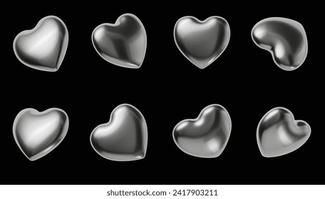 corazones de plata 3D vectorial cromados al estilo y2k. Formas con efecto de metal líquido. Perfecto para el amor temático, diseños de San Valentín.