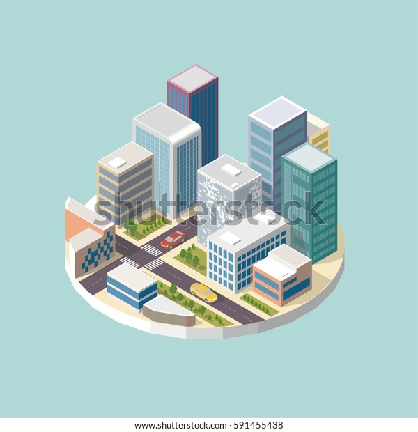 3d vector city, Isometric 3D city\
three-dimensional winter town quarter. Skyscrapers, apartment,\
office, houses and streets with urban traffic movement of the car\
with trees and nature