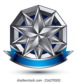 3d vector classic royal symbol, sophisticated silver round emblem with polygonal star isolated on white background, glossy argent element with blue splendid ribbon.