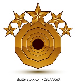3d vector classic royal symbol, sophisticated golden round emblem with 5 stars isolated on white background, glossy gold element.