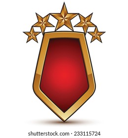 3d vector classic royal symbol, sophisticated golden shield shaped emblem with five stars isolated on white background, glossy refined element.