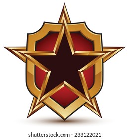 3d vector classic royal symbol, sophisticated golden star emblem with a shield isolated on white background, glossy festive element.