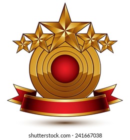 3d vector classic royal symbol with sophisticated five golden stars and red decorative wavy ribbon, glossy golden element isolated on white background. Elegant blazon.