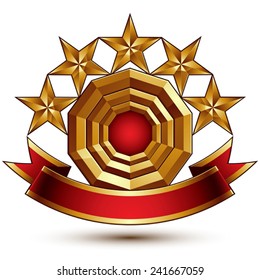 3d vector classic royal symbol with sophisticated five golden stars and red decorative wavy ribbon, glossy golden element isolated on white background. Elegant blazon. 