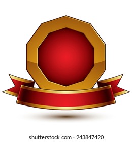 3d vector classic royal symbol, sophisticated golden ring with red wavy ribbon, design element isolated on white background, glossy round festive tape. 