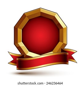 3d vector classic royal symbol, sophisticated golden ring with red wavy ribbon, celebrity emblem isolated on white background, glossy round festive tape, best for web and graphic design.