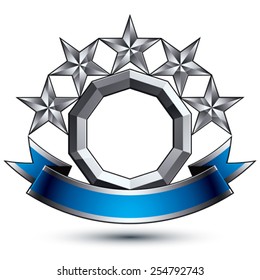 3d vector classic royal symbol, sophisticated silver round emblem with five pentagonal stars isolated on white background, glossy argent element with blue splendid ribbon.