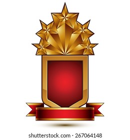 3d vector classic royal symbol, sophisticated protection shield with golden star and red wavy stripe, decorative emblem isolated on white background, dimensional glossy element.