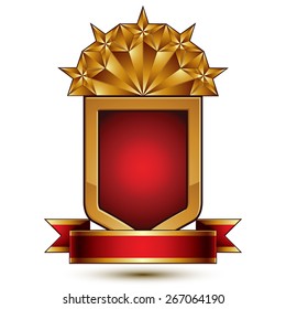 3d vector classic royal symbol, sophisticated protection shield with golden star and red wavy stripe, decorative emblem isolated on white background, dimensional glossy element.
