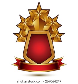 3d vector classic royal symbol, sophisticated protection shield with golden star and red wavy stripe, decorative emblem isolated on white background, dimensional glossy element.